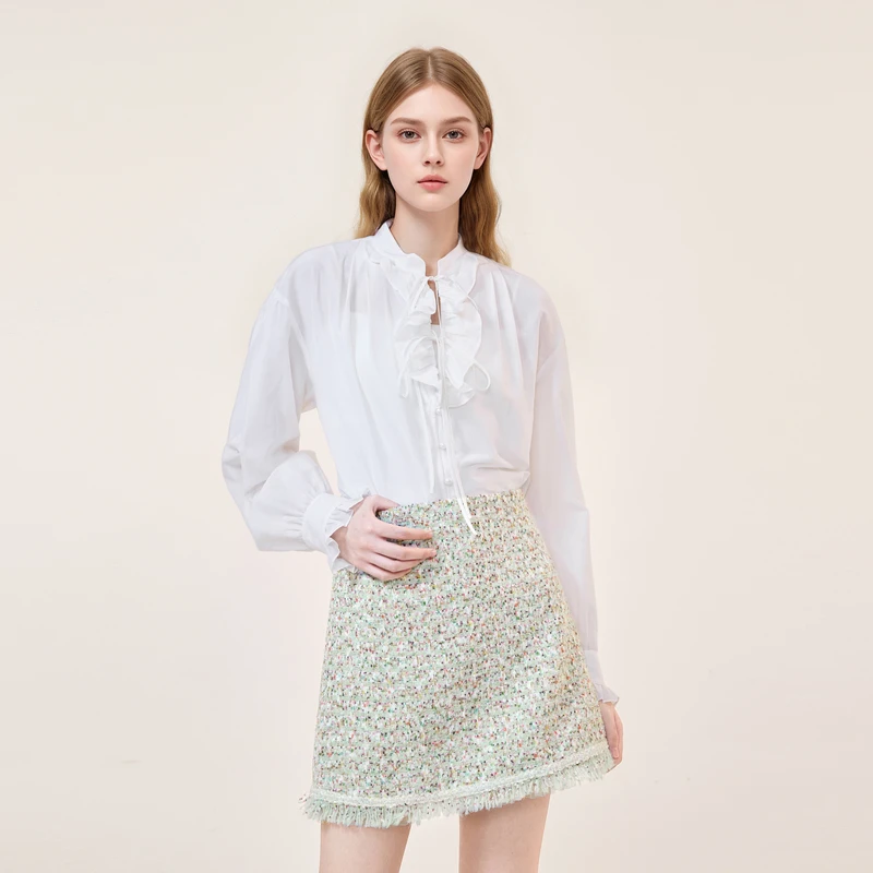 MISSCOCOON【新派先锋】早春新品复古花边v领泡泡袖桑蚕丝衬衫