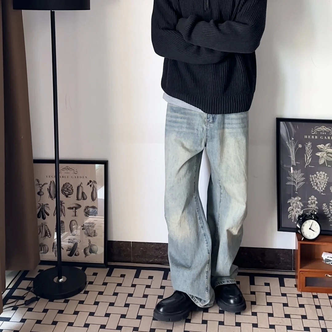 CPKF 浅蓝色直筒牛仔裤纯棉美式街头百搭宽松复古长裤