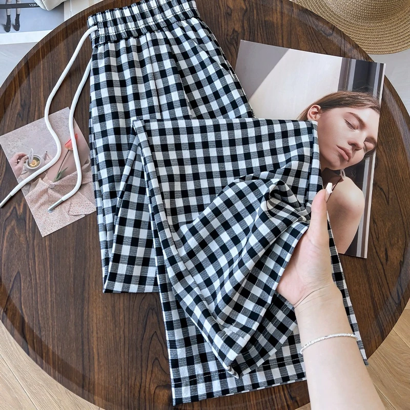 冰丝黑白格子阔腿裤夏季薄款女松紧高腰宽松抽绳窄版直筒休闲裤子