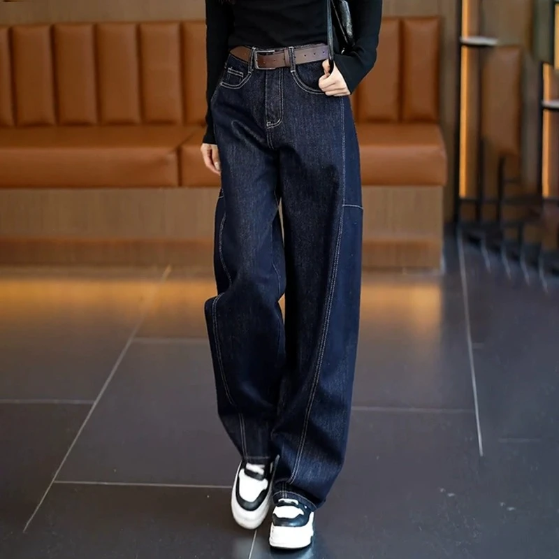 丹宁深蓝色阔腿牛仔女裤2024高腰春秋大码显瘦宽松直筒裤垂坠感裤