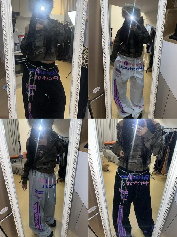 Thisiszoom巨垂感多印花元素美式街头宽松抽绳赛车裤男女同款