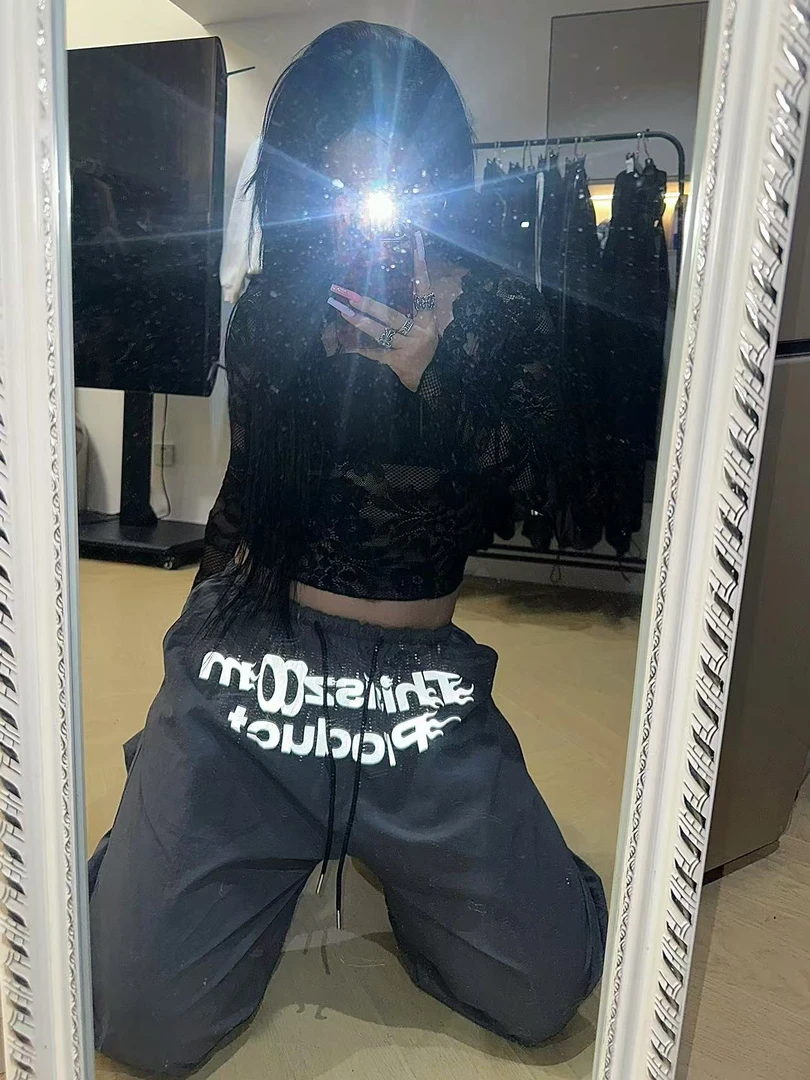 Thisiszoom美式复古反光字母印花降落伞裤男女同款