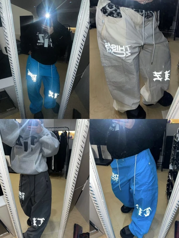 Thisiszoom反光字母印花休闲宽松降落伞伞兵裤子男女同款