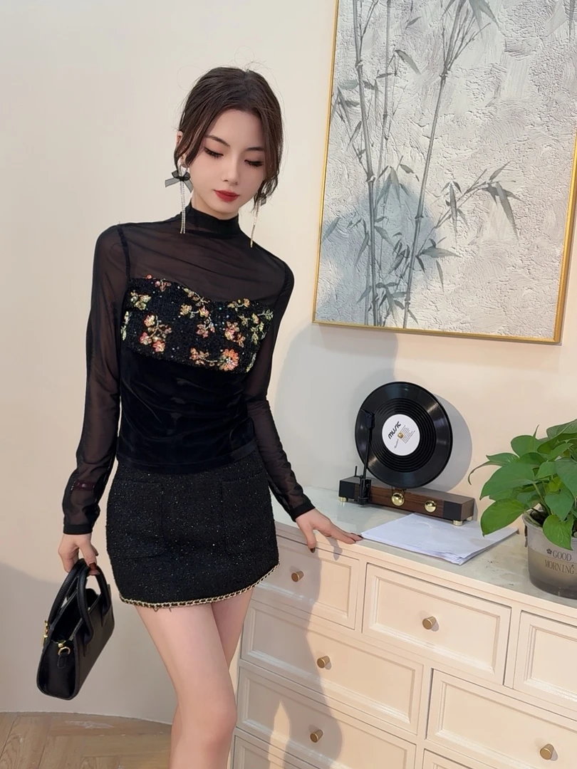 设计师新款上衣性感显瘦复古外穿修身设计感 91408