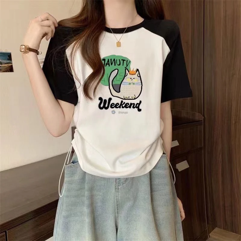 哺乳衣外出拼色抽绳设计猫咪印花短袖T恤辣妈喂奶衣月子服