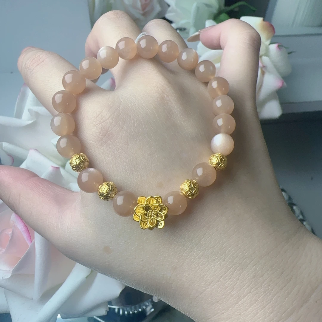 天然太阳石手串足金999莲花4金钱球粉色精美时尚气质百搭女士款