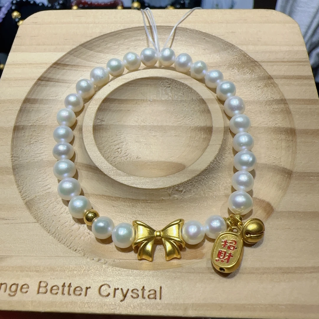 天然淡水珍珠手链足金999蝴蝶结铃铛招财纳福时尚气质百搭女士款