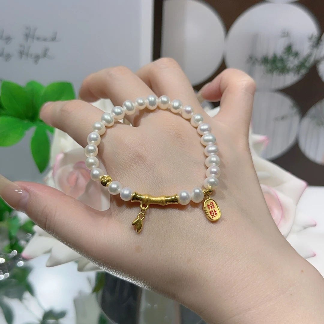 纯天然珍珠足金999竹节招财纳福猫眼蹦迪珠手链精美时尚百搭女款