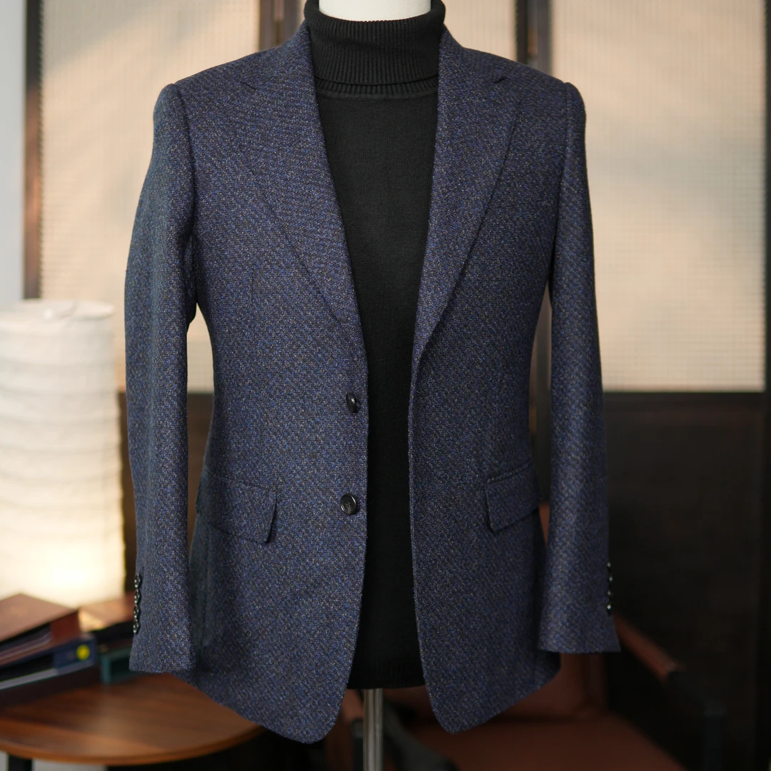 亚伯瓷蓝圈圈纱全羊毛高定秋冬时尚西服时尚休闲修身毛呢西装