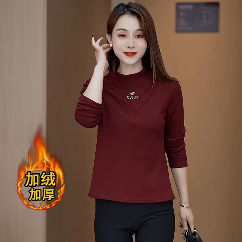 半高领磨毛打底衫女秋冬内搭2024年新款加绒加厚女士保暖上衣洋气