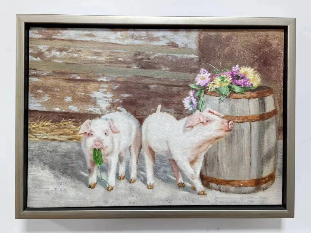 远子绘画手绘油画作品《幸福小猪》内框尺寸30*40 内外框装裱包邮