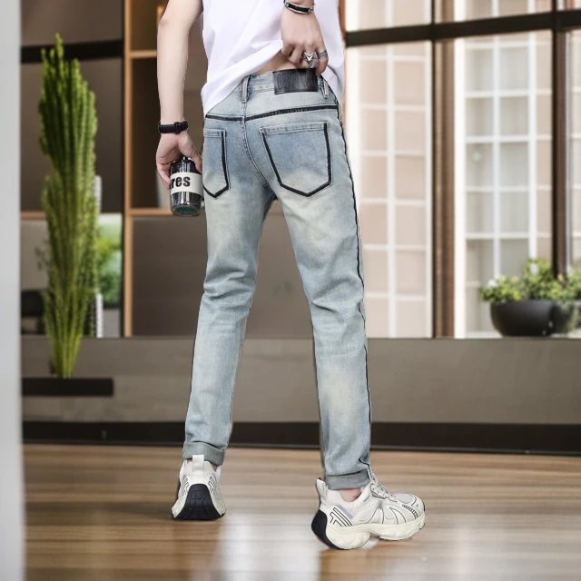 2024春夏长裤/九分高端轻奢欧货纯手工绘画修身浅蓝色精品牛仔裤