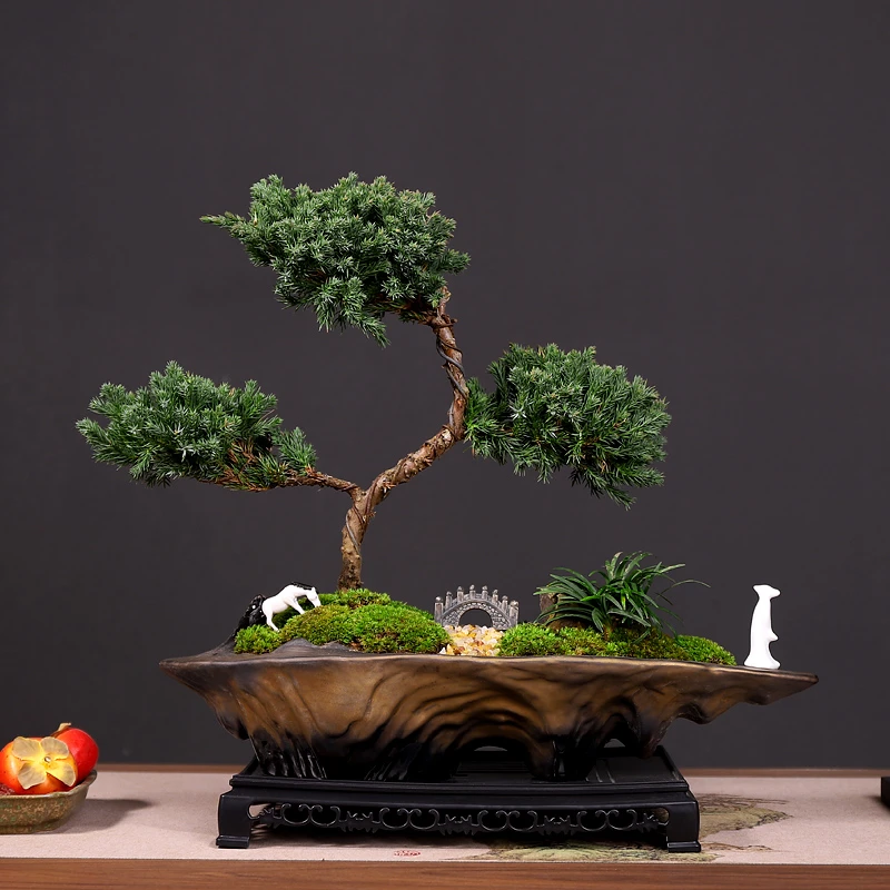 三层迎客松柏鎏金幻境盆青苔玉龙草造景小马驹李白拱桥大长方底座