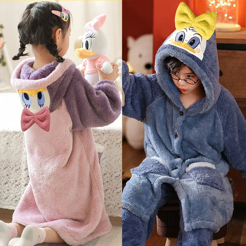 儿童黛西鸭子睡袍珊瑚绒加厚加绒睡袍家居服睡袍保暖卡通中长款