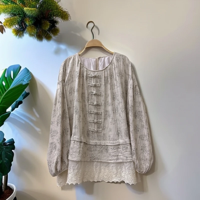 《米粒》63089森系少女碎花手工盘扣拼重工花边娃娃衫半裙国风套装