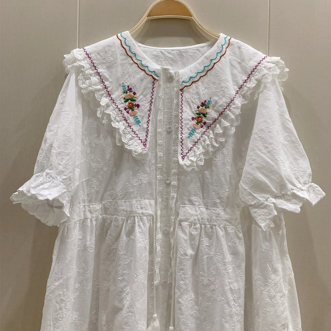 《米粒》92330重工绣花花边翻领可收腰宽松短袖森系连衣裙