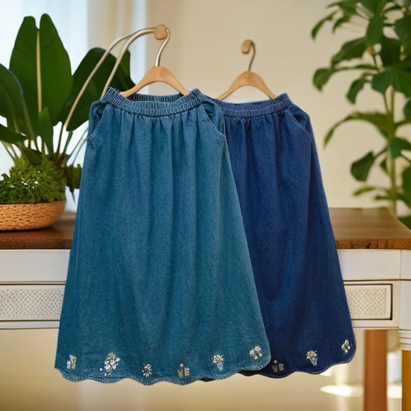 《米粒》81688森系少女文艺日系刺绣牛仔半身裙宽松百搭长裙