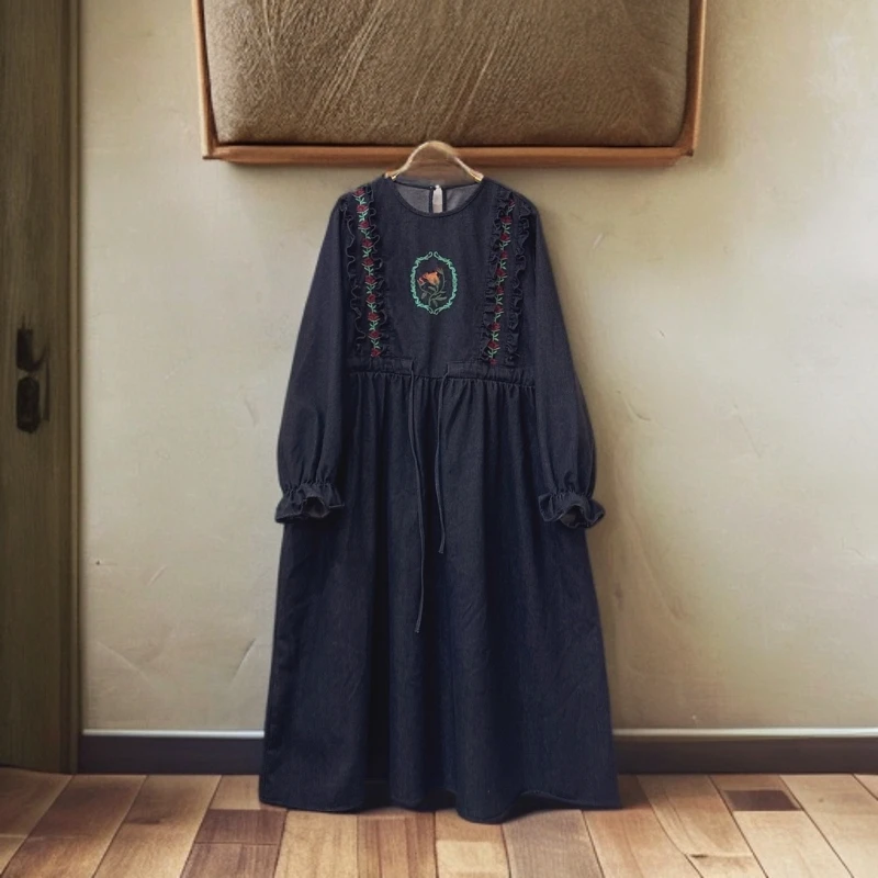 《米粒》63059森系小清新圆领重工刺绣收腰系带宽松百搭连衣裙