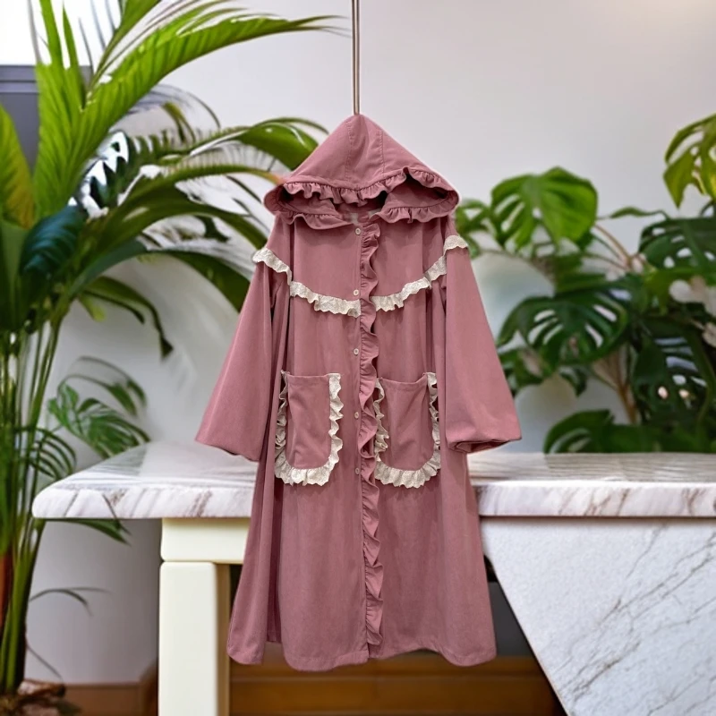 《米粒》63107森系小清新连帽木耳边蕾丝花边拼接宽松百搭外套