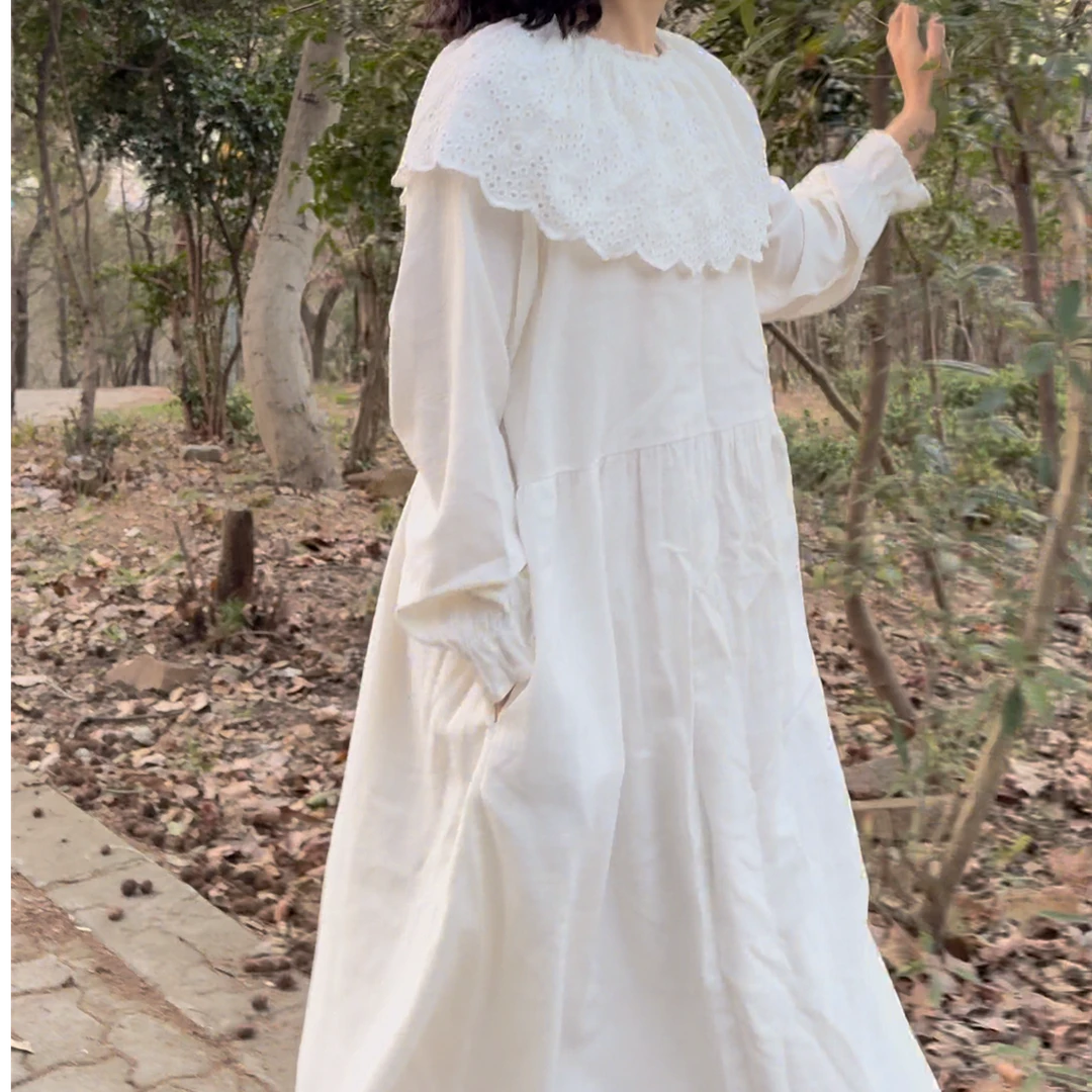 《米粒》58011森系小清新荷叶领宽松百搭长袖连衣裙