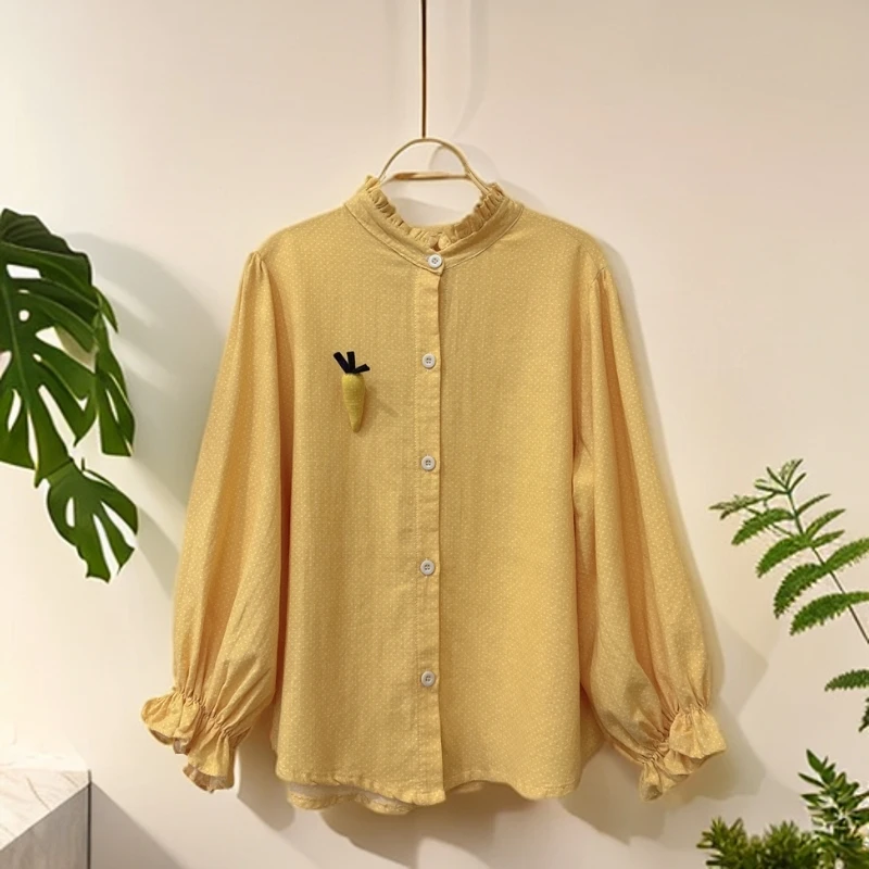 《米粒》63099无胸针森系小清新圆领木耳边宽松百搭开襟长袖衬衫