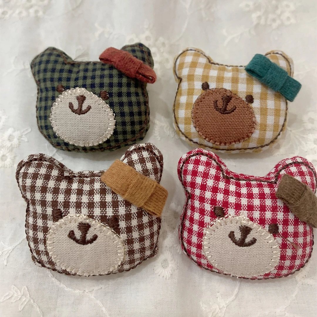 非金属布艺胸针 《米粒》25029手工棉麻布艺蝴蝶结熊头格子胸针