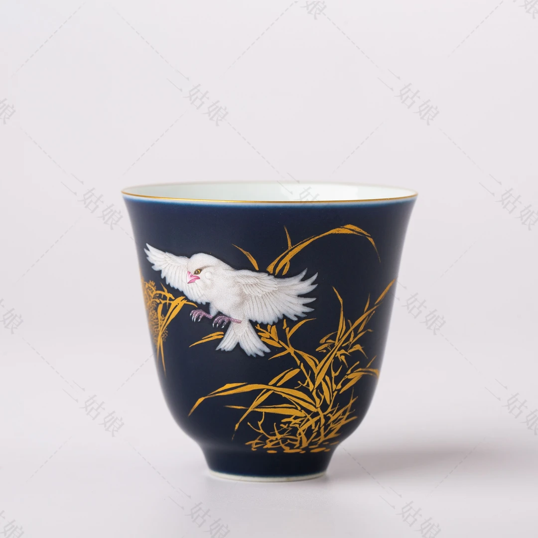 艺林堂艺林藏珍祭蓝描金春华秋实铃铛杯【景德镇纯手工茶具100ml】