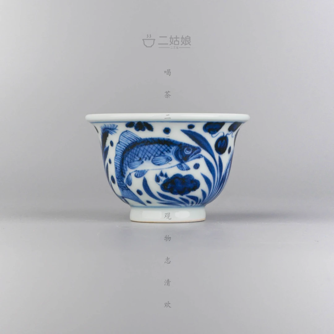 溪兰仰元青花鱼藻纹小压手【景德镇全手工56ml】