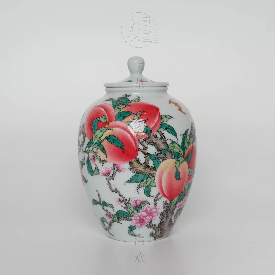 一儒堂古彩水蜜桃九桃茶叶罐【景德镇纯手工茶具容量660ml】