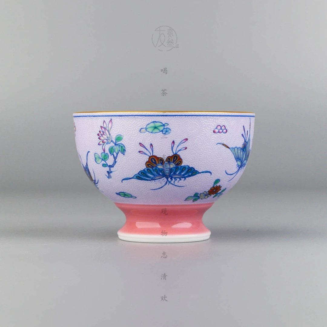 天义华桃红堆白青花斗彩蝶恋花高足杯1【景德镇纯手工茶具94ml】