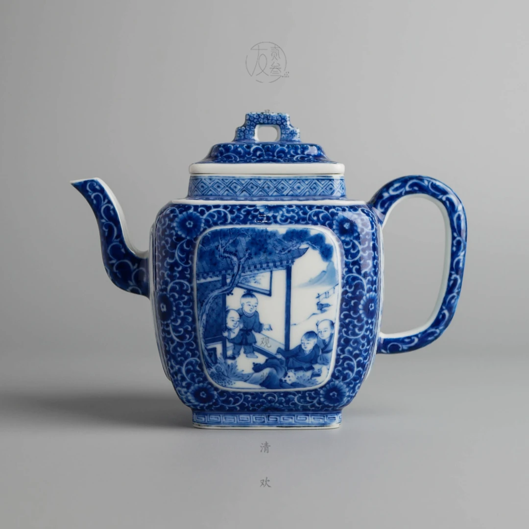 知竹山房缨珞开窗婴戏四方壶【景德镇纯手工茶具242ml】