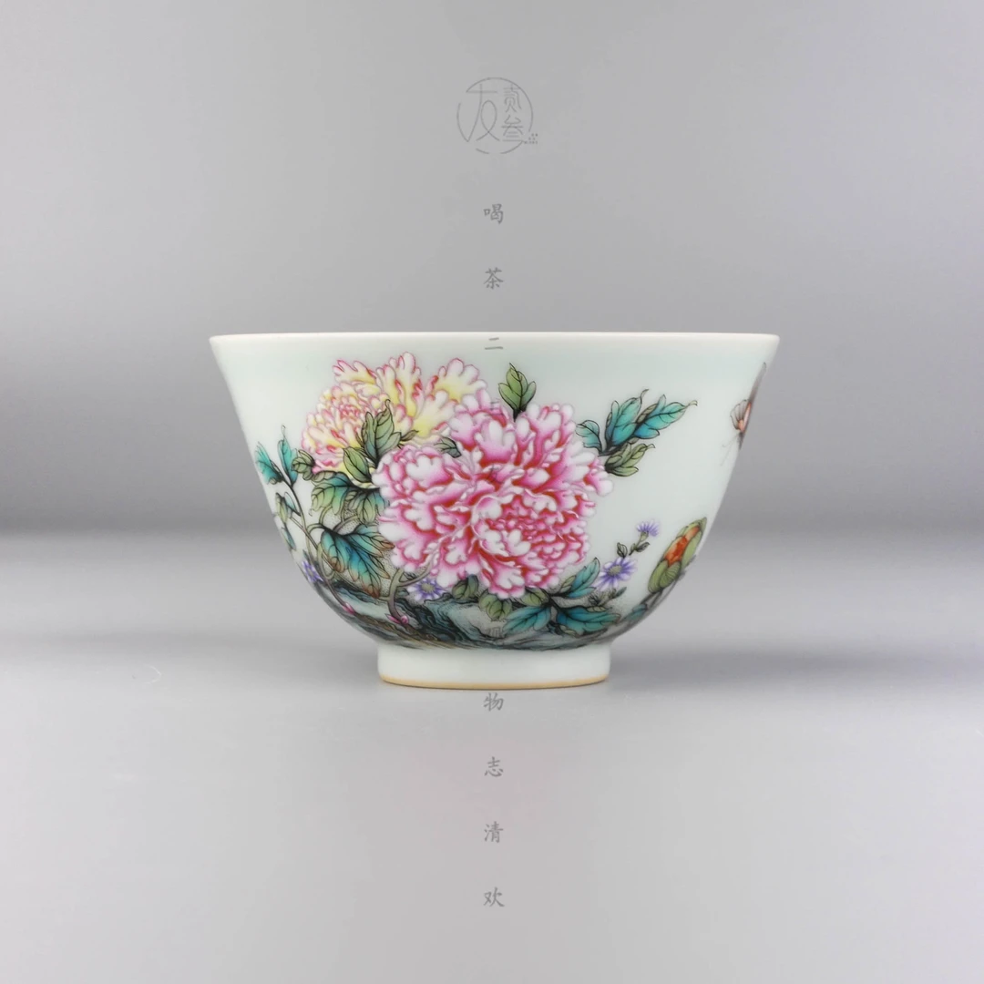 艺林堂柴窑红炉系列粉彩牡丹竹子杯-景德镇纯手工茶具130ml