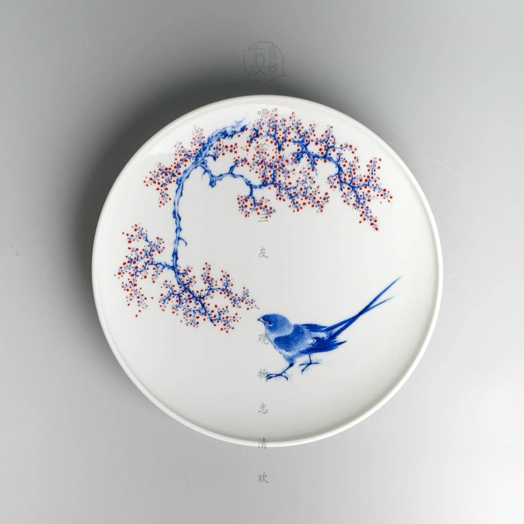 天义华青花加彩喜鹊登梅壶承【景德镇纯手工茶具】