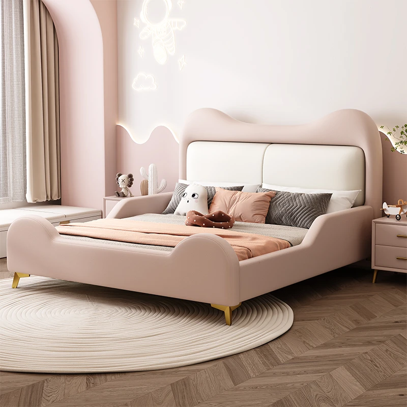 儿童床猫耳朵卡通男女宝单人轻奢现代简约真皮床粉色公主床小孩床