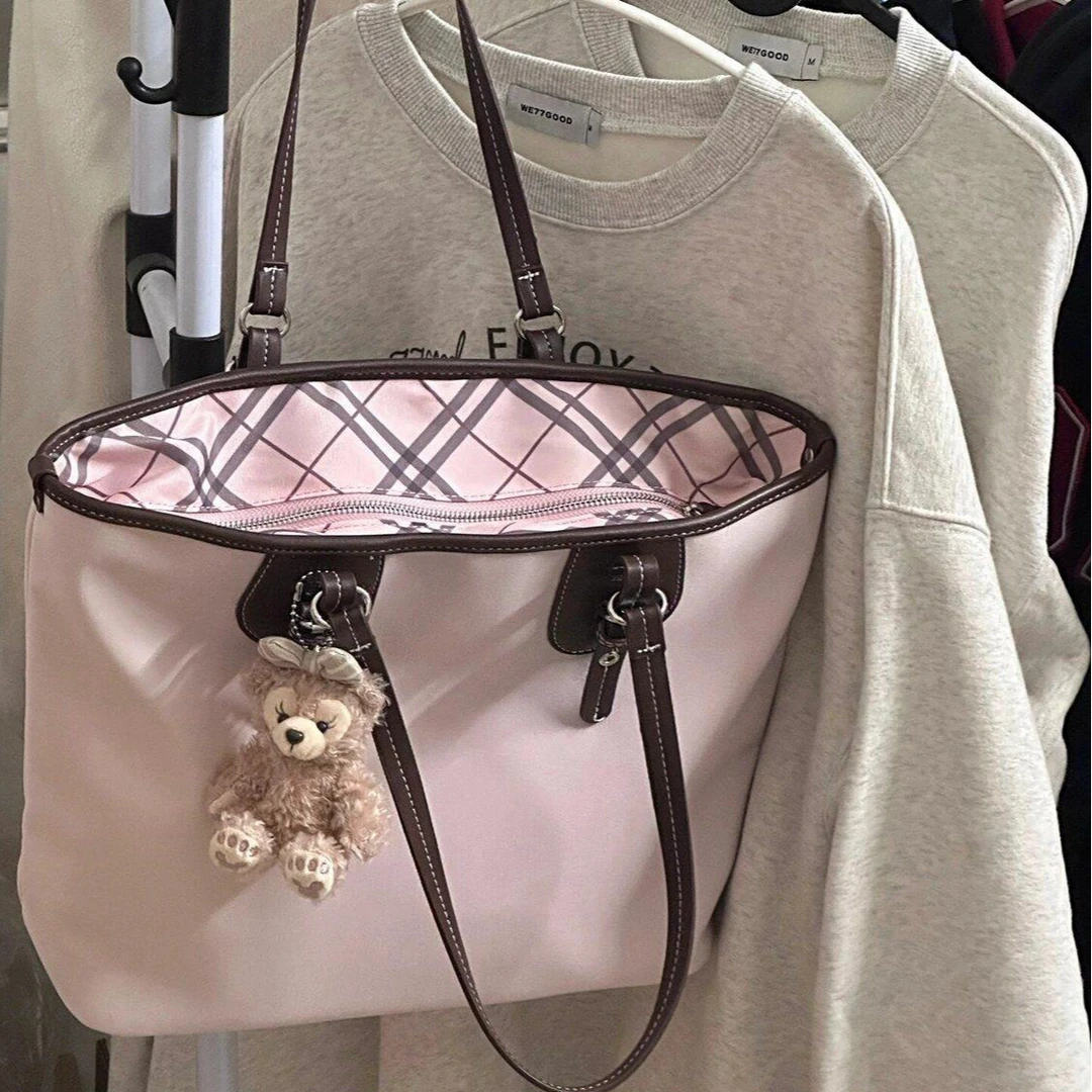 大容量尼龙布手提单肩包包女高颜值甜美小众格纹通勤托特包腋下包