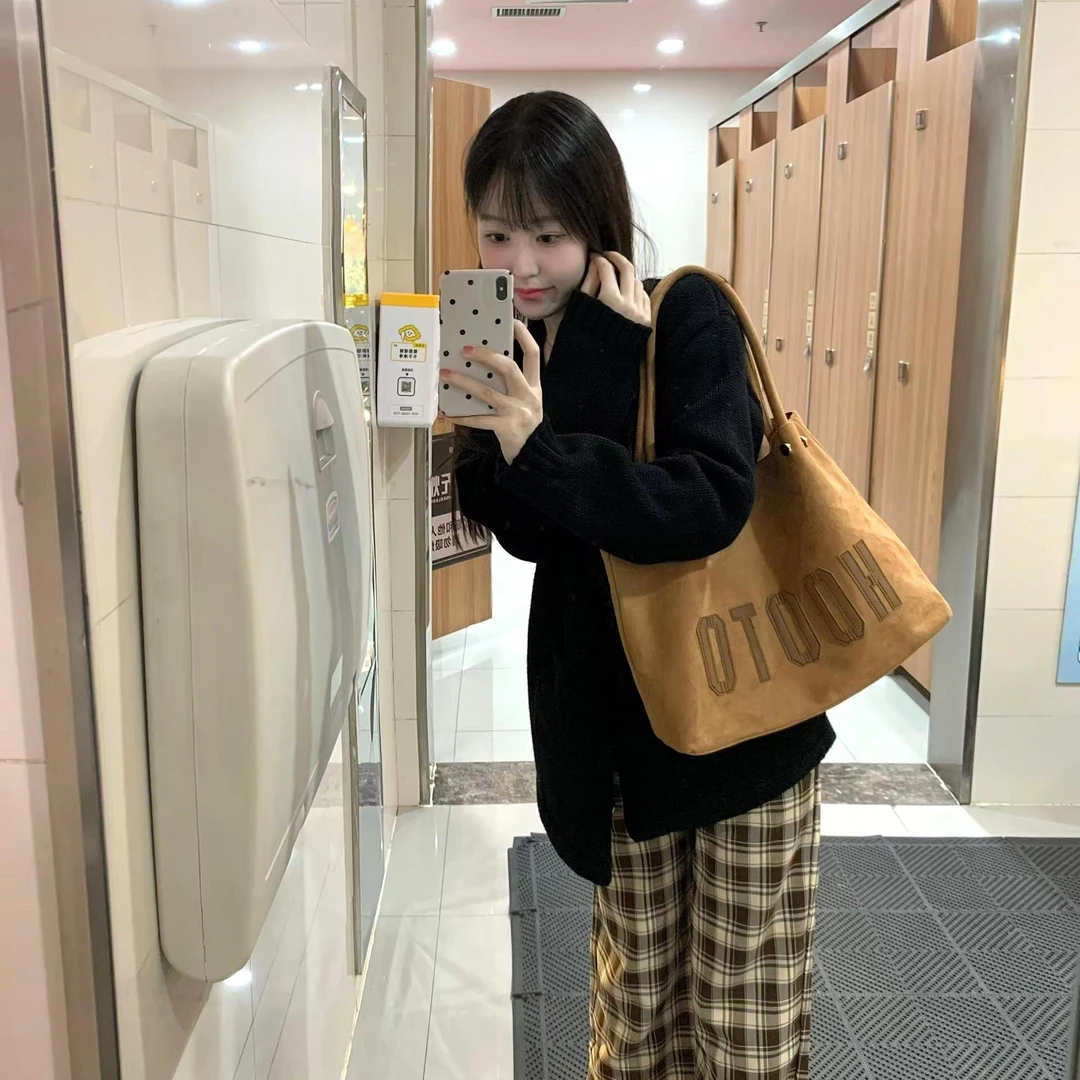 高级感复古大容量包包女潮秋冬托特包大学生上课单肩帆布包慵懒风