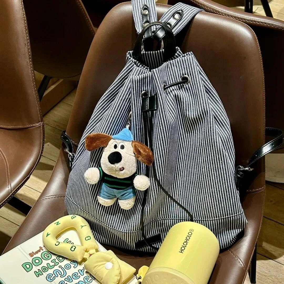 学生休闲双肩包包女2025夏季新款潮韩国条纹帆布包百搭大容量背包