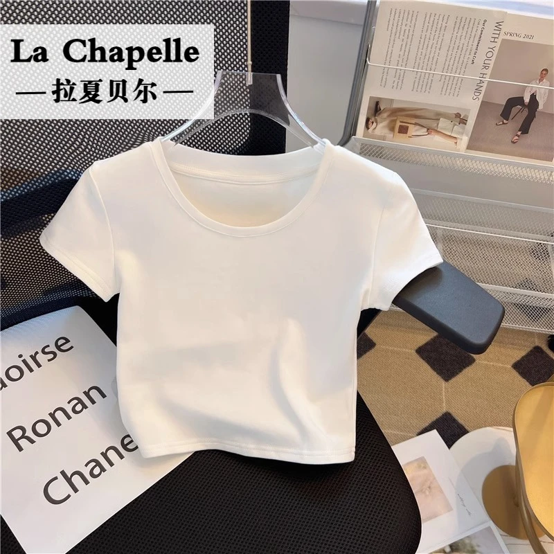 拉夏贝尔白色短袖t恤女装ins打底衫正肩修身独特短款上衣圆领全棉