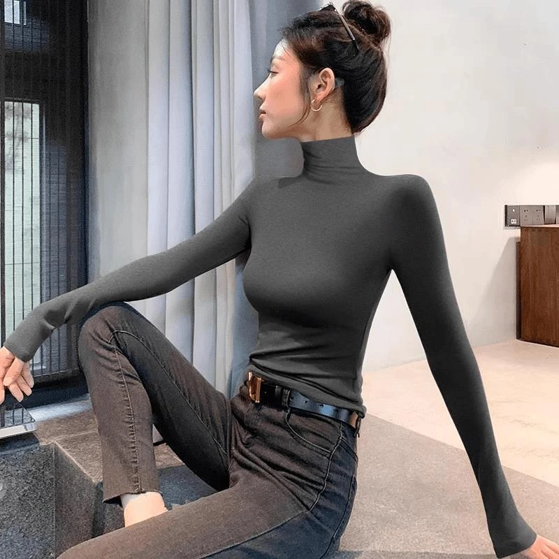 拉夏贝尔春秋高领打底衫长袖t恤女内搭新款百搭感穿搭面膜洋气黑