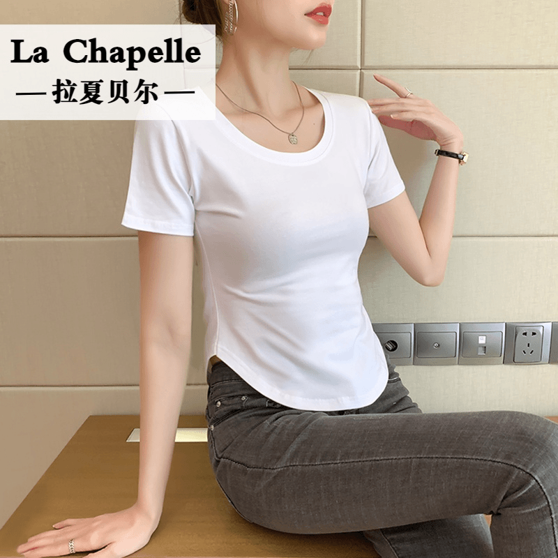 拉夏贝尔白色短袖t恤女2023夏季纯棉别致弧形下摆收腰修身短款不