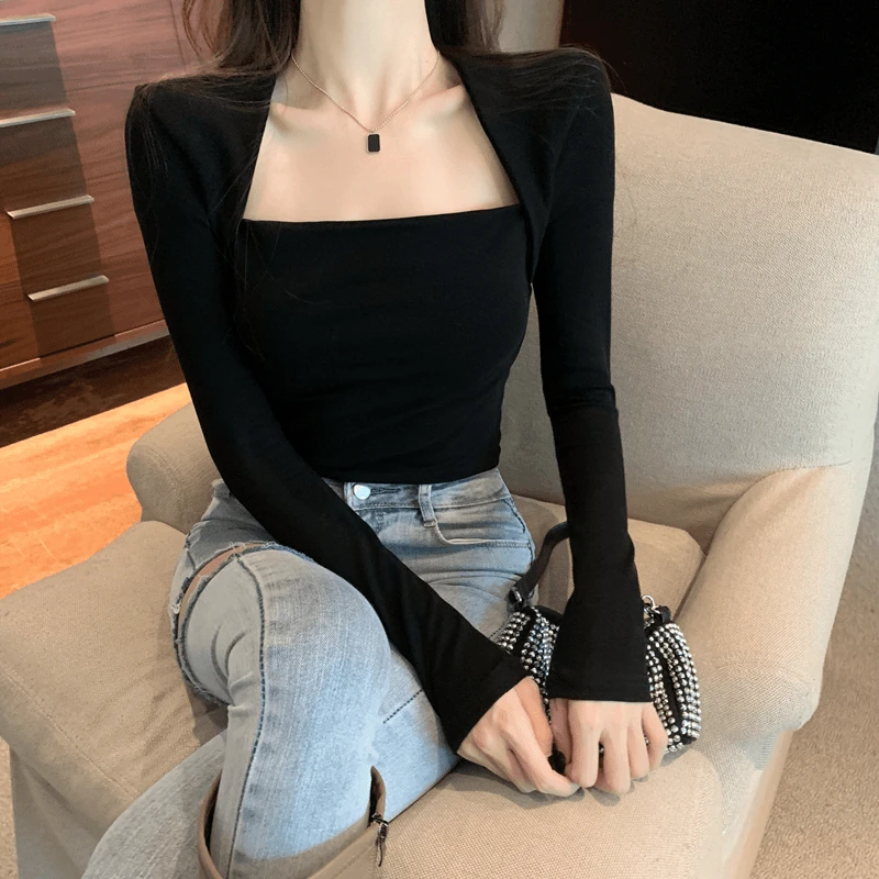 拉夏贝尔设计感小心机锁骨性感长袖T恤女2025春秋辣妹紧身短款上