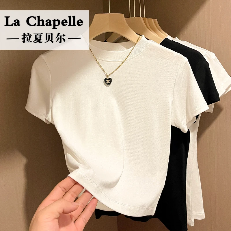拉夏贝尔短袖T恤女白色正肩新款夏季上清冷感衣服小高领体恤简