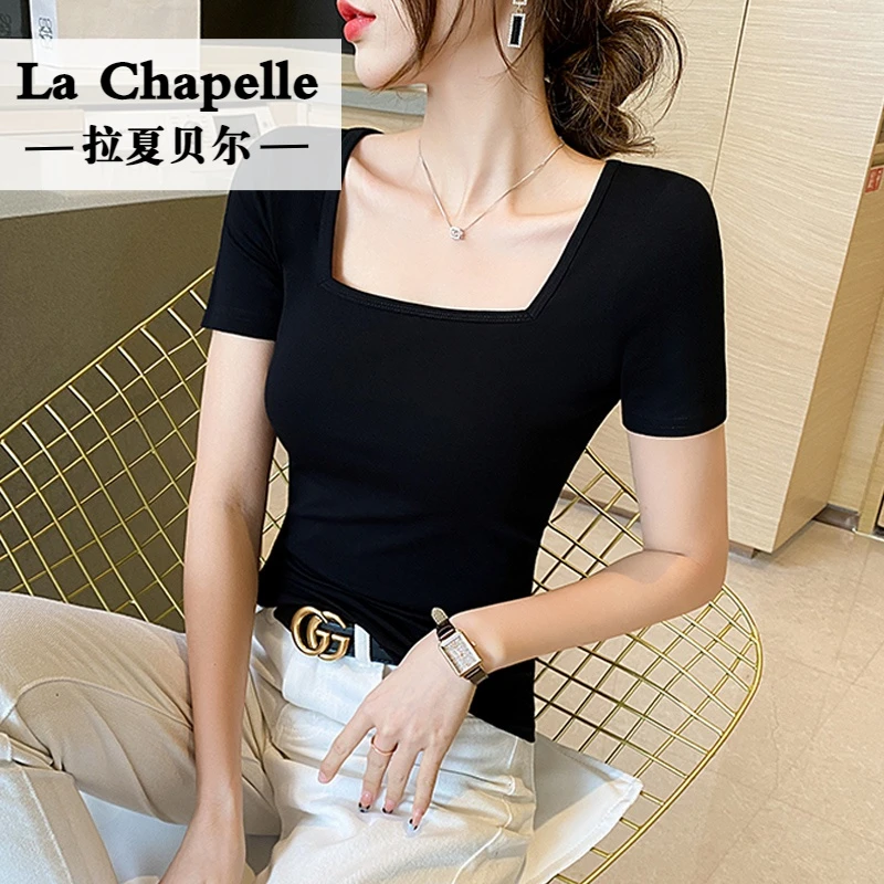 拉夏贝尔方领黑色短袖t恤女2025新款春夏季正肩修身半袖紧身低领