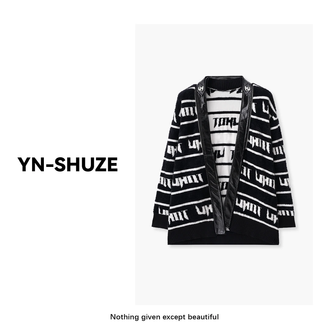 YN-SHUZE【日耳曼】双面毛呢保暖拼皮重工开衫毛衣SZ-YNB-19966