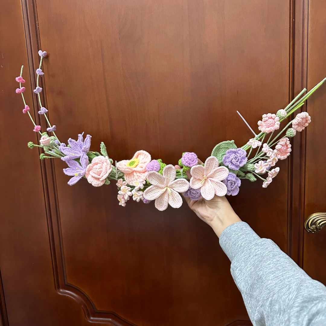 一路生花钩织车载永生花私人定制清新粉紫配色毛线花