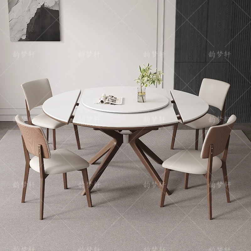 多功能折叠伸缩形饭桌方圆两用圆桌家用胡桃色实木岩板餐桌小户型