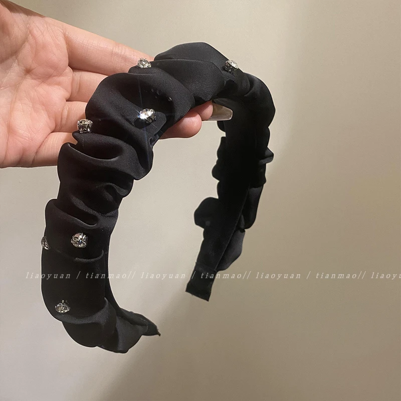 闪钻高级感缎面发箍新款法式褶皱宽边头箍头饰