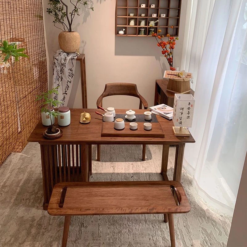 精选中式桌椅组合实木阳台茶桌小型家用泡茶胡桃木一体功夫禅意茶
