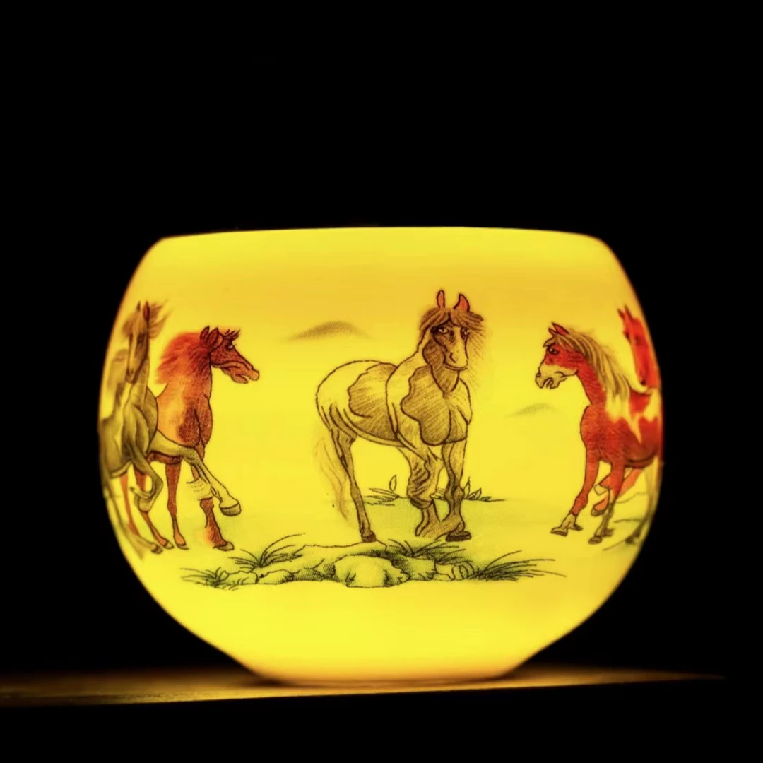 （八骏图 黄色）高端白瓷主人杯品茗杯陶瓷茶杯