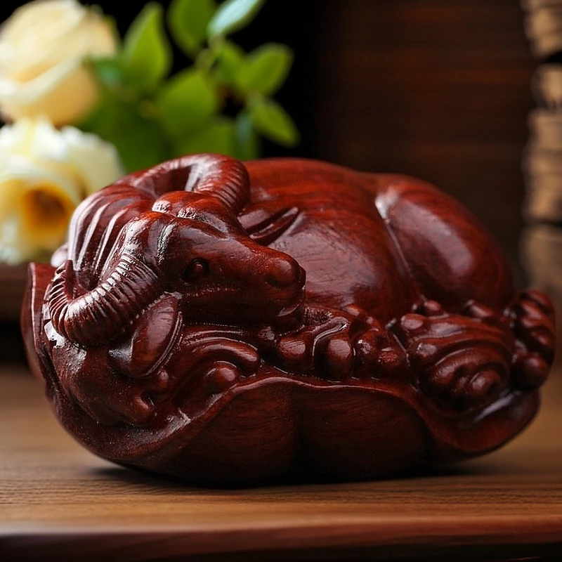 紫檀荷叶牛生肖动物把件盘玩扭转乾坤牛气冲天绿檀木随身把玩转运